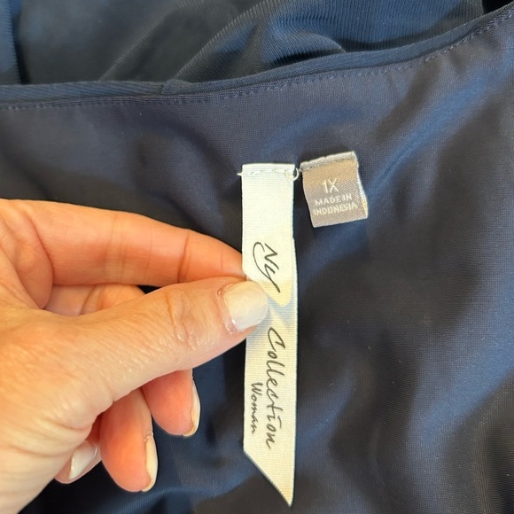 NY COLLECTION WOMAN RUCHED FIGURE FLATTERING V-NECK 3/4 SLEEVE DRESS SZ 1X NAVY - Picture 7 of 8